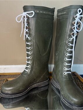 Ilse Jacobsen Olive Green Tall Lace-Up Rain Boots with White Laces